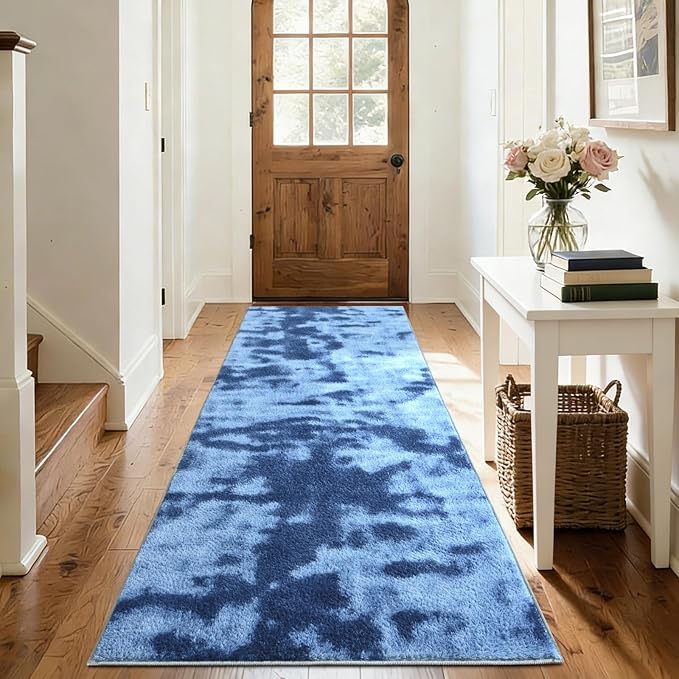 FinRèc 2x8 Washable Runner Rugs for Kitchen Hallway Bedroom, Low Pile Thin Ultra Soft Shag Rug, Non-Slip Carpet Indoor for Home Decor (Tie-dye Teal)