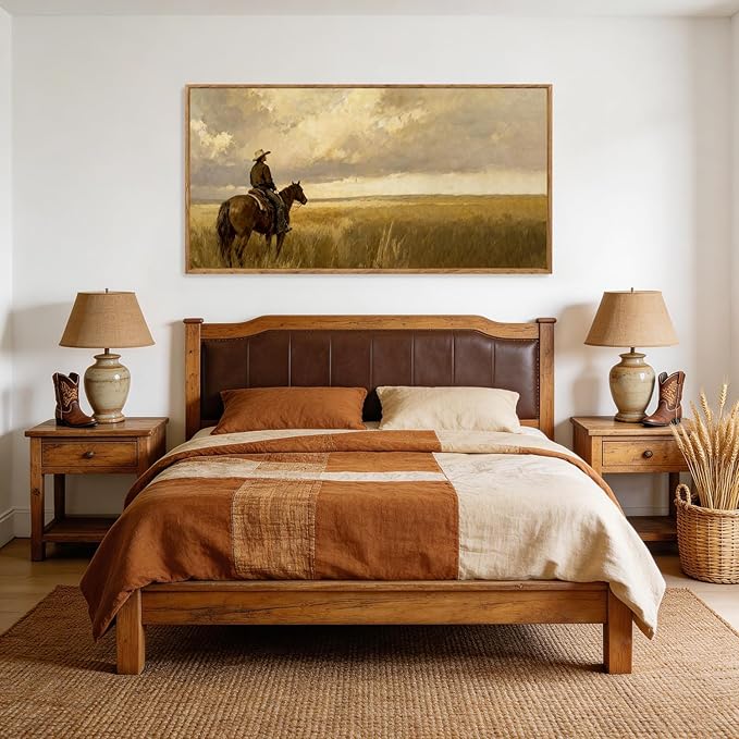 Aurlan Western Cowboy Framed Wall Art(40"x20"), Vintage Neutral Southwestern Horse Riding Canvas Artwork, Mid Century Modern Ranch Gobi Desert Landscape Decor for Man Cave Bedroom