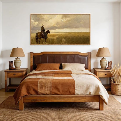 Aurlan Western Cowboy Framed Wall Art(40"x20"), Vintage Neutral Southwestern Horse Riding Canvas Artwork, Mid Century Modern Ranch Gobi Desert Landscape Decor for Man Cave Bedroom
