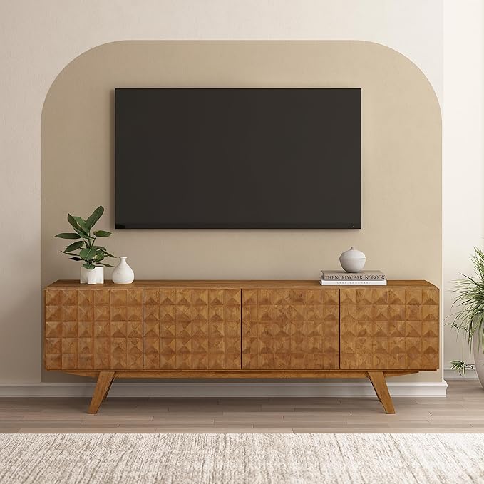 NTC Sapa Mid-Century Modern Solid Wood TV Stand 4-Door Media Console with Carved Geometric Fronts for TVs up to 75", Effortless Assembly, Teak Look