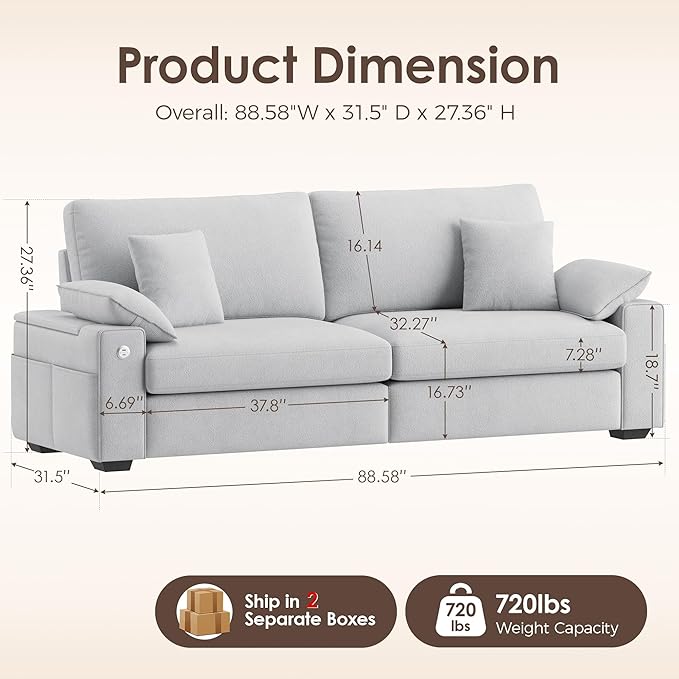 88.58" Modern Loveseat Couches for Living Room, Comfy Sofa with Deep Seat Couch, USB/Type-C Port, Side Storage, Removable Cover, Couches for Living Room Apartment, Light Grey