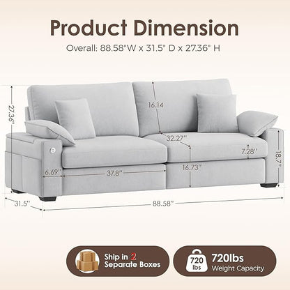 88.58" Modern Loveseat Couches for Living Room, Comfy Sofa with Deep Seat Couch, USB/Type-C Port, Side Storage, Removable Cover, Couches for Living Room Apartment, Light Grey