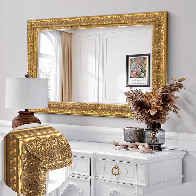 Chende Decorative Wall Mirror with Leaves Wood Frame, 41" L x 29" W Gold Ornate Mirror for Wall Decor, Elegant Rectangular Mirror for Living Room Bathroom Bedroom Fireplace Mantle