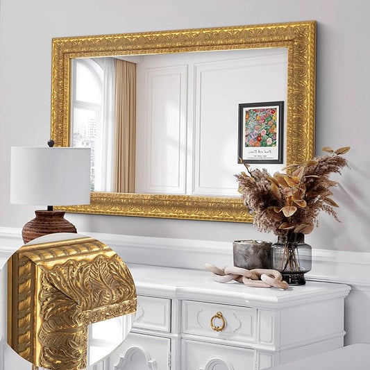 Chende Decorative Wall Mirror with Leaves Wood Frame, 41" L x 29" W Gold Ornate Mirror for Wall Decor, Elegant Rectangular Mirror for Living Room Bathroom Bedroom Fireplace Mantle