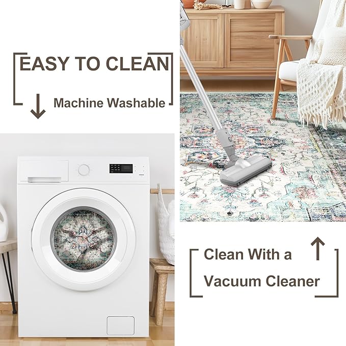 BESTSWEETIE 2x3 Area Rug Washable Rugs for Living Room, No Pile Boho Carpet for Entryway Bedroom Dinning Room, Vintage Carpet Print Distressed Non-Slip, 2 x 3 ft, Multi Navy Teal