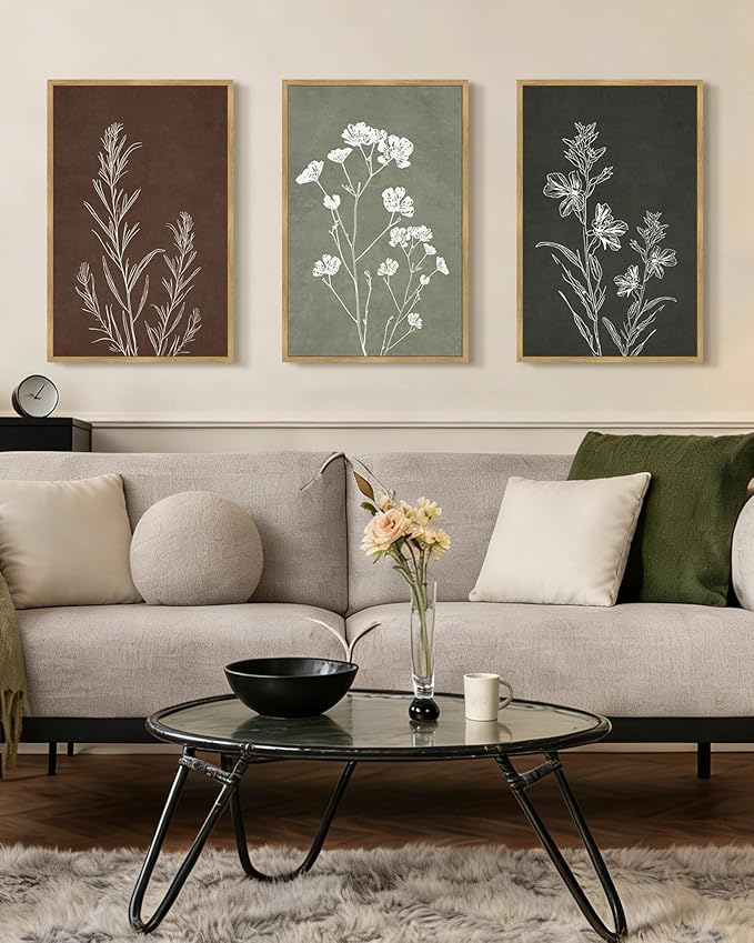 Drsoum Vintage Botanical Flower Boho Framed Wall Art Retro Floral Prints Wildflower Bohemain Neutral Rustic Artwork Kitchen Bedroom Ready to Hang 16x24in Natural Framed