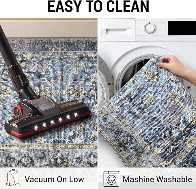 KUTA Vintage Washable Runner Rug, 2.6x8 Blue Grey Beige Runners for Hallways Non-Slip Kitchen Rugs Ultra Thin Soft Printed Distressed Oriental Floor Carpet for Laundry Bedroom Living Room Nursery