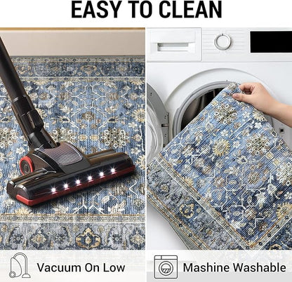 KUTA Vintage Washable Runner Rug 2.6x14, Non-Slip Hallway Kitchen Runners Blue Grey Beige with Rubber Backing, Ultra Soft Printed Distressed Extra Long 14ft Carpet Rugs Indoor for Stairs