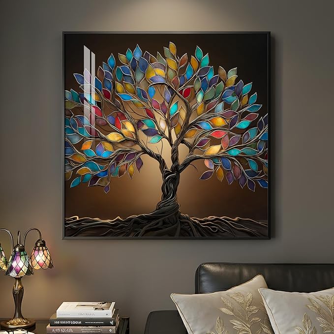 Framed Square Tree of Life Wall Art, Modern Contemporary Tree Painting Prints Artwork for Walls, Dark Colorful Elegant Picture for Living Room Bedroom Kitchen Office Dining Room Wall Decor, 30x30 In