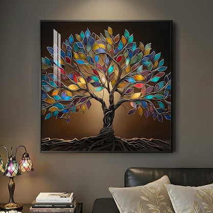 Framed Square Tree of Life Wall Art, Modern Contemporary Tree Painting Prints Artwork for Walls, Dark Colorful Elegant Picture for Living Room Bedroom Kitchen Office Dining Room Wall Decor, 30x30 In