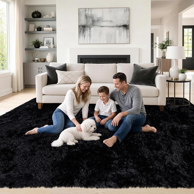 6x9 Area Rug for Living Room: Fluffy Shag Soft Washable Rugs Large Fuzzy Plush Indoor Carpet for Bedroom Nursery Playroom Kids Girls Boys Room (Black, 6'x9')