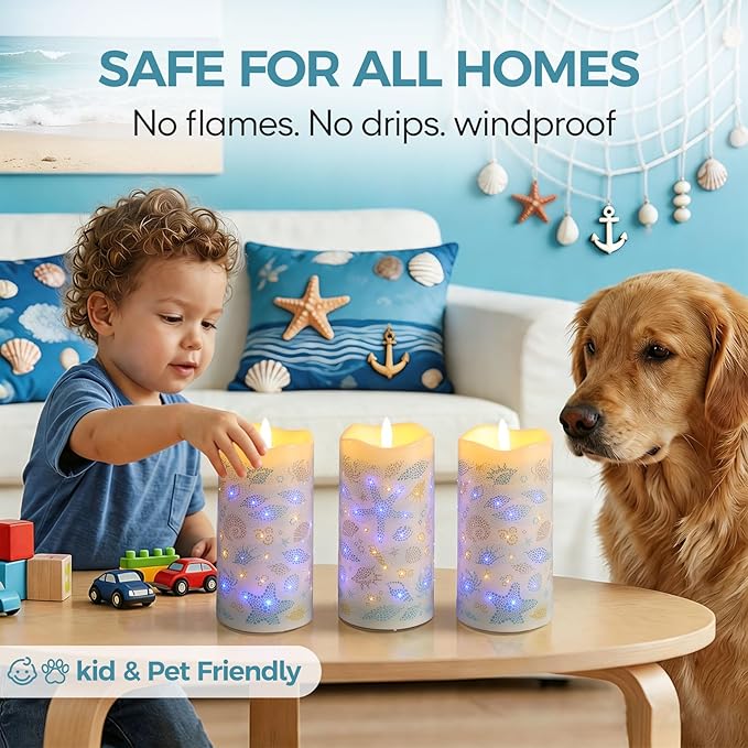Eywamage Fiber Optic Flameless Pillar Candles with Remote Timer, Ocean Theme LED Battery Candles Home Decor Set of 3 Φ 3" H 6"