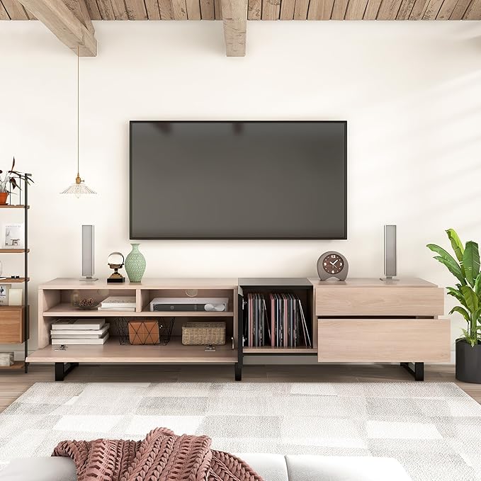 Merax Modern TV Entertainment Center with Cabinets, Drawers & Open Shelves, Wood TV Stand for TVs Up to 80” for Living Room Bedroom (Natural & Black)