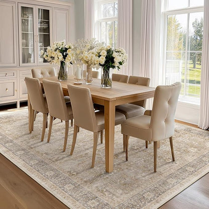 Vintage Beige 8x10 Area Rugs for Living Room, Retro Neutral Earth Tone Carpet Rug for Bedroom Dining Room, Low Pile Thin Washable Non Slip Room Rug for Home Office Playroom Family Room