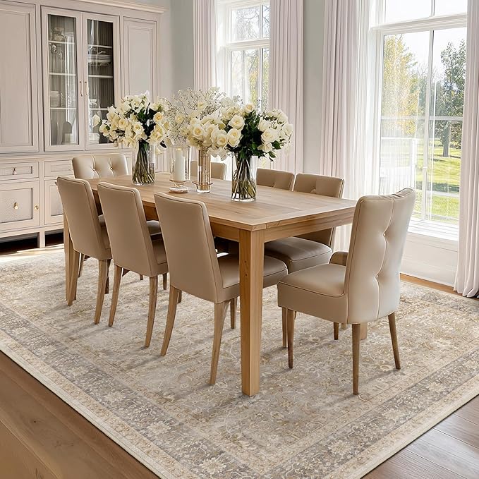 Vintage Neutral 7x9 Rugs for Bedroom, Washable Non Slip Low Pile Thin Area Rug for Living Room Dining Room, Farmhouse Carpet Rug for Playroom Guest Room Home Office, Earth Tone Beige Taupe