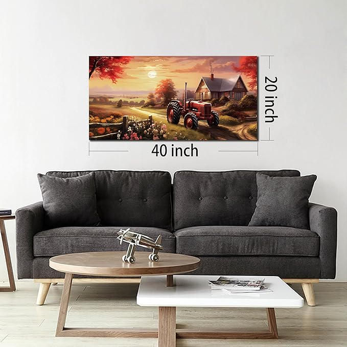 ANCXWOTER Canvas Wall Art Sunset Landscape Canvas Prints Vintage Red Tractor for Living Room Bedroom Office Home Decor Country Farmhouse Artwork 20x40 Inch