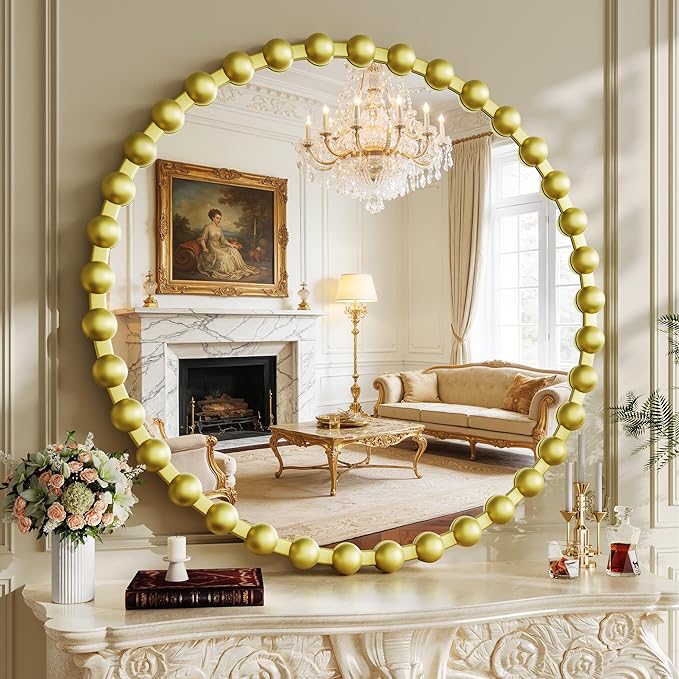 Round Mirror for Wall, 36 Inch Gold Round Vanity Mirror with Beaded Frame, Modern Decorative Wall Mirror for Bathroom, Entryway, Bedroom, Living Room, Gold
