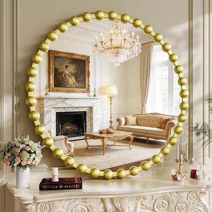 Round Mirror for Wall, 36 Inch Gold Round Vanity Mirror with Beaded Frame, Modern Decorative Wall Mirror for Bathroom, Entryway, Bedroom, Living Room, Gold