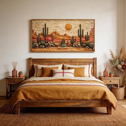Aurlan Boho Cactus Arizona Desert Landscape Framed Wall Art(40"x20"), 3D Textured Orange Green Sunset Nature Canvas Artwork, Large Abstract Vintage Southwestern Aztec Mexican Succulent Painting Decor for Home Office Living Room Bedroom
