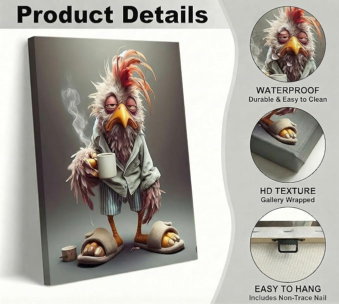 Funny Chicken Canvas Wall Art Stylish and Charming Retro Chicken Wear Slippers Wall Decor Picture Eclectic Animals Poster Print for Dining Room Bar Cafes Family Artwork Home Decoration