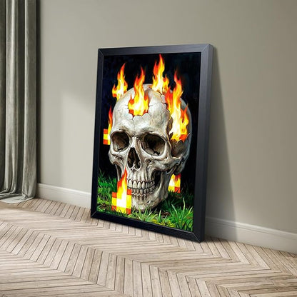 Burning Skull Wall Art, Gamer Style Wall Decor, With Pixel Fire Skull Canvas Print, Boys Room Decor, Dark Gothic Horror Painting Poster for Bedroom Game Room 12x16 Inch Wood Framed