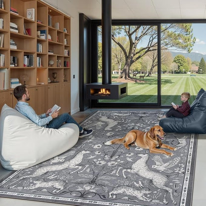 Lahome 5x7 Washable Deer Rug, Dorval Boho Woodland Vintage Area Rug, Non Slip Low Pile Soft Grey Carpet for Living Room Bedroom Nursery Dining Room Kitchen Farmhouse Home Decor