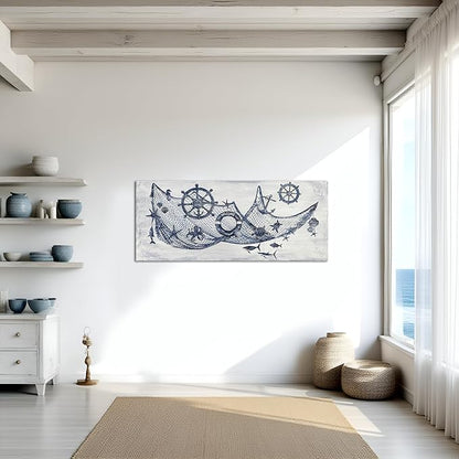 sechars Nautical Decor Wall Art Fishing Net with Boat Wheels and Shells Picture Paintings Vintage Lake House Wall Decoration 20 x 48 inches (Blue)