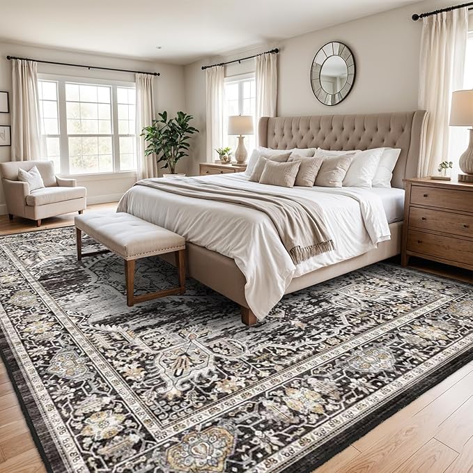Washable Rugs 10x14 Area Rug: Large Rugs for Living Room - Oriential Distressed Printed Floral Carpet - Non Slip with Rubber Backing Area Rug 10'x14' Black