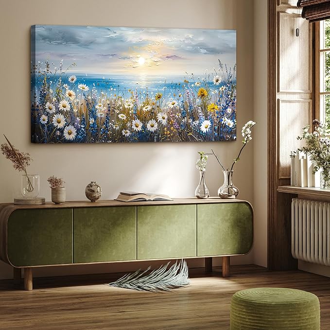 crmotu Beach Wildflower Landscape Wall Art, Seaside Sunset Extra Large Wall Decor, Daisy Floral Botanical Canvas Prints, Modern Rustic House Decorations Living Room Dining Room Farmhouse 29X57 In