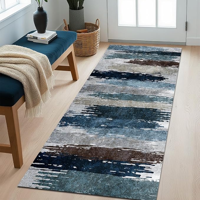 Modern Abstract 2x6 Runner Rug with Non-Slip Backing, Washable Soft Low Pile Runner Rugs for Hallway Kitchen Bedroom Entryway Laundry, Blue Grey