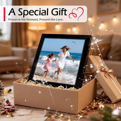 8x8 Picture Frame, Black Photo Frame for Tabletop or Wall Display, Display Pictures 4x4 with Mat or 8x8 Without, Frame Collage with HD Plexiglass for Wall Gallery Decor, 2 Pack with Gadget