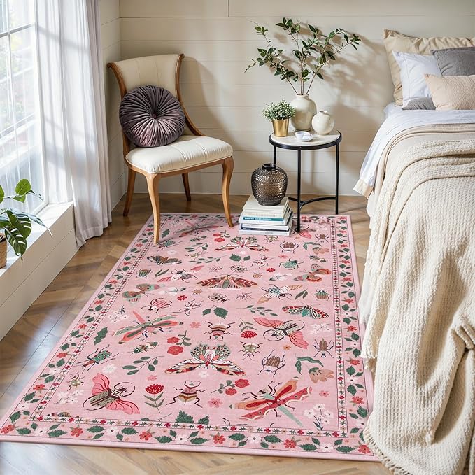Lahome Insect Washable Small Area Rug, 3x5 Area Rug for Bedroom Living Room, Non-Slip Soft Accent Throw Carpet for Kitchen Office Entryway Bathroom Office Vionnet, Pink