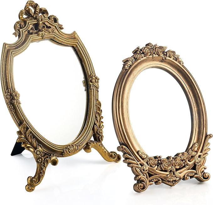 Threehoney 2 Pcs Small Gold Vintage Mirror Antique Vanity Makeup Desk Mirror Traditional Arch Tabletop Mirrors with Stand Baroque Decorative Wall Art for Living Room Bedroom Dresser Decor