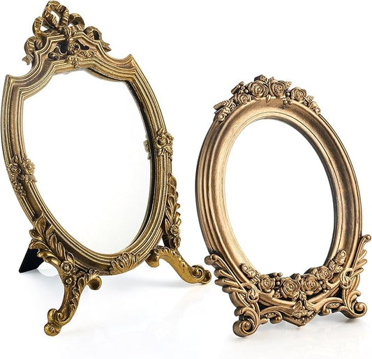 Threehoney 2 Pcs Small Gold Vintage Mirror Antique Vanity Makeup Desk Mirror Traditional Arch Tabletop Mirrors with Stand Baroque Decorative Wall Art for Living Room Bedroom Dresser Decor