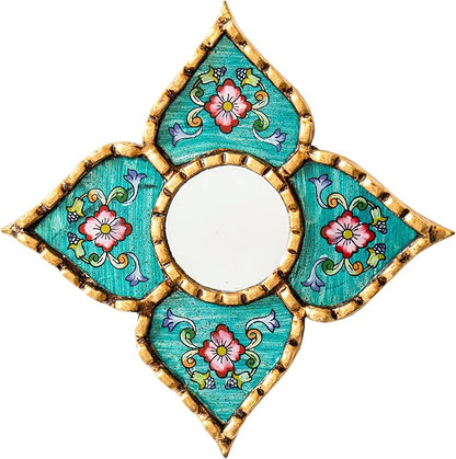 Peruvian Artisan Mirror for wall Decor– Small Diamond/Square wall Mirror with Bronze Leaf Frame (Turquoise)