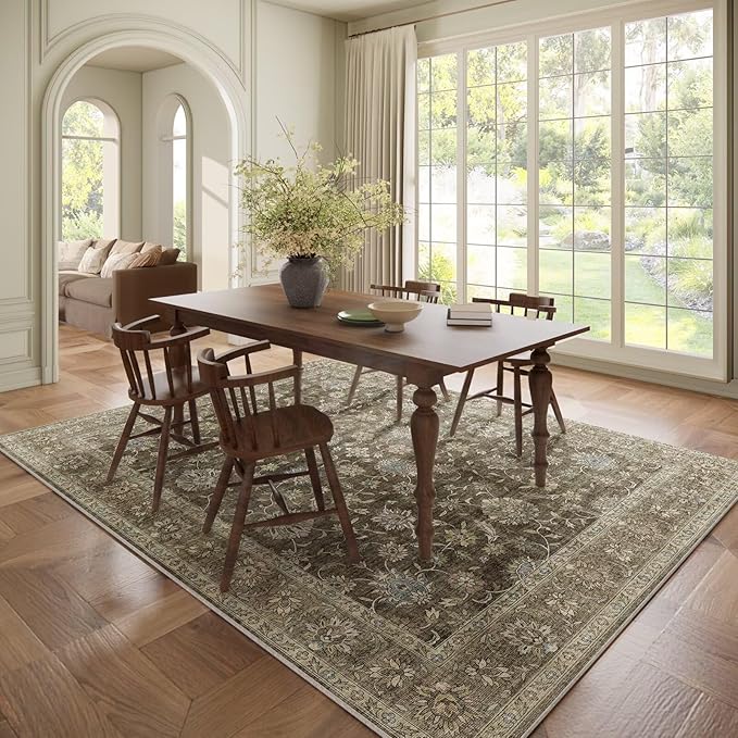 Washable 6x9 Area Rugs for Living Room, Boho Non-Slip Vintage Distress Large Rugs for Bedroom Dining Room Nursery Office, 0.3" Neutral Oriental Throw Thin Carpet, Tan/Flaxen/Multi, E2