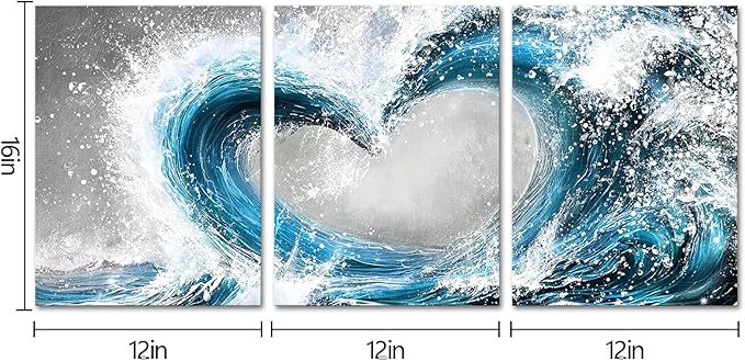 HOMEOART Bedroom Wall Art Ocean Wave Painting Love Sign Wall Decor Framed Artwork Bathroom Bedroom Living Room Decor (Blue)