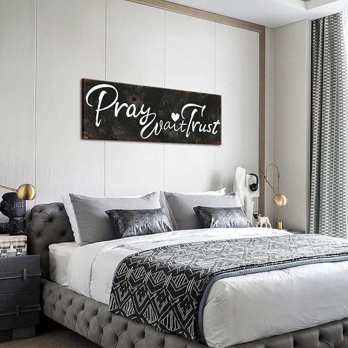 KREATIVE ARTS Pray Wait Trust Canvas Wall Art Rustic Faith Quote Sign Black and White Scripture Print Religious Christian Wall Decor for Bedroom Living Room Entryway Office Farmhouse Style Ready to Hang 20x55''