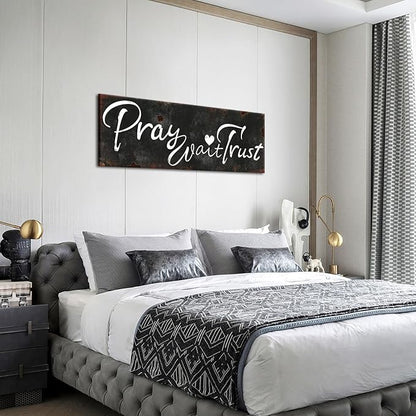 KREATIVE ARTS Pray Wait Trust Canvas Wall Art Rustic Faith Quote Sign Black and White Scripture Print Religious Christian Wall Decor for Bedroom Living Room Entryway Office Farmhouse Style Ready to Hang 20x55''