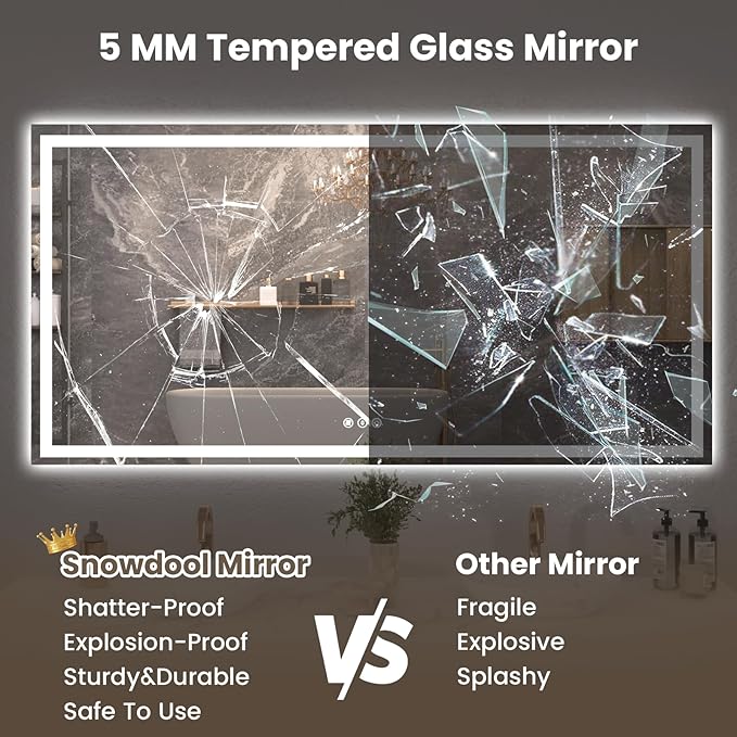 Snowdool 72"X40" LED Bathroom Mirror with Front Lights and Backlit, Anti-Fog, Dimmable, Shatter-Proof Tempered Glass, Lighted Bathroom Vanity Mirror for Wall with 3 Colors, Memory Function