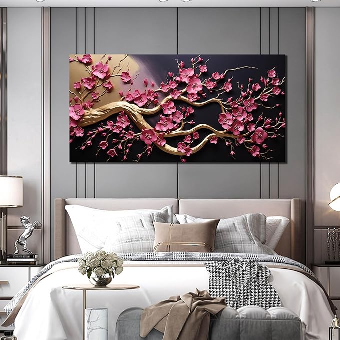 Ouzzlie Pink Wall Art for Living Room Large Plum Blossom Tree Picture Wall Decor Flower Canvas Art Print Black Artwork for Bedroom Office 29" x 59"
