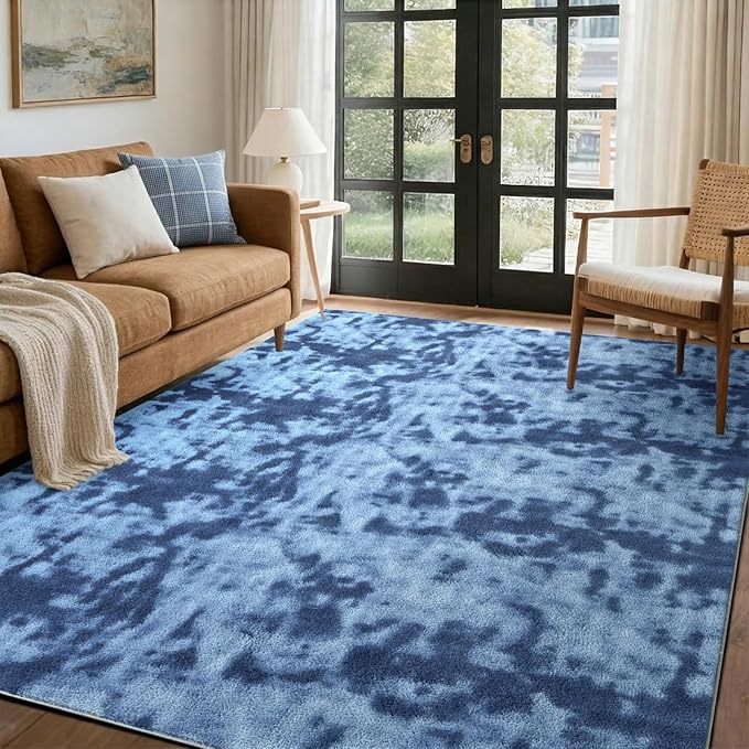 FinRèc 4x6 Washable Area Rugs for Bedroom Living Room, Low Pile Thin Ultra Soft Shag Rug, Non-Slip Carpet Indoor for Home Decor (Tie-dye Teal)