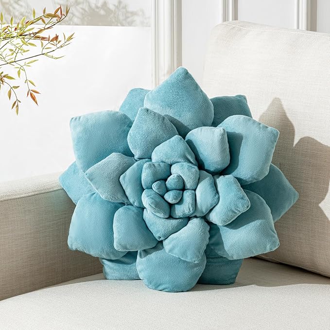 3D Plant Pillow 17.7'' Cute Flower Throw Pillow Blue Plant Shaped Decor Soft Unique Plush Decorative Pillow Throw Cushions for Bedroom Home Decorations