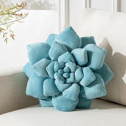 3D Plant Pillow 17.7'' Cute Flower Throw Pillow Blue Plant Shaped Decor Soft Unique Plush Decorative Pillow Throw Cushions for Bedroom Home Decorations