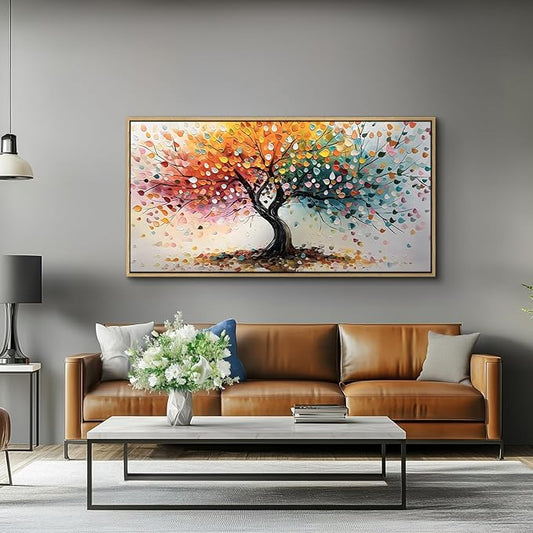 crmotu Tree of Life Large Framed Wall Art, Rainbow Tree Canvas Prints Abstract Painting, Colorful Modern Aesthetic Wall Pictures for Living Room Bedroom Bathroom Home Office Decorations 29"X57"