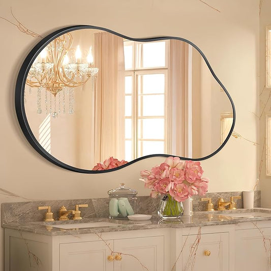 Dorlicecass Bathroom Mirror - Black Irregular Wall Mirrors Decorative 26"x46" Asymmetrical Tempered Glass Aviation Aluminum Alloy Frame for Vanity, Bedroom, Living Room, Cloakroom, Entryway