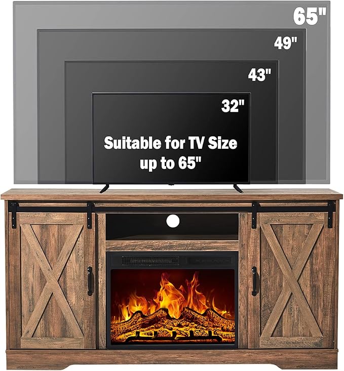AMERLIFE 59" Fireplace TV Stand for TVs up to 65", Farmhouse Entertainment Center with Sliding Barn Doors, Storage Cabinets and Adjustable Shelves, Barnwood