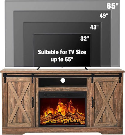 AMERLIFE 59" Fireplace TV Stand for TVs up to 65", Farmhouse Entertainment Center with Sliding Barn Doors, Storage Cabinets and Adjustable Shelves, Barnwood