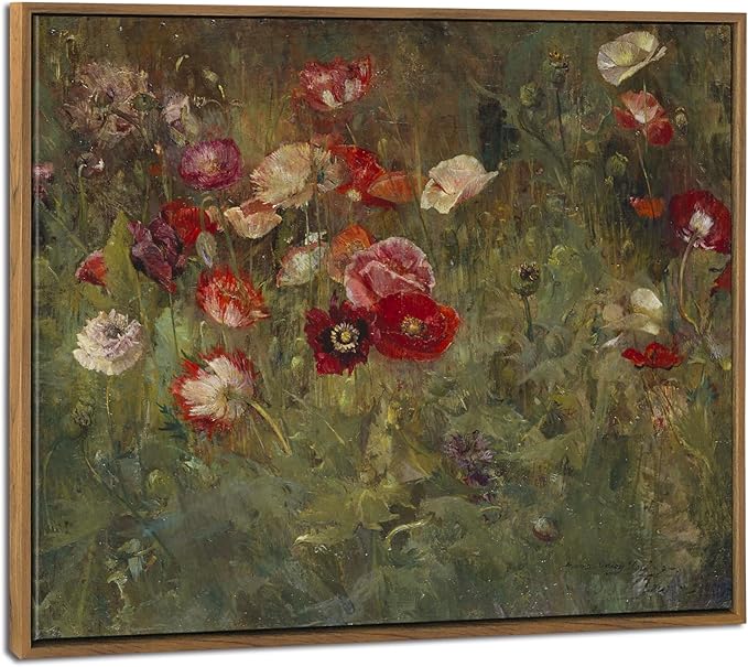 Pyradecor Vintage Wall Art Retro Large Framed Living Room Decor A Bed of Poppies Canvas Prints Classical Floral Painting for Bedroom Kitchen Farmhouse Office Decorations AH1110-5060NW