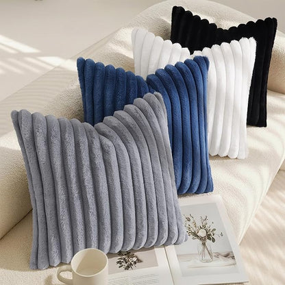 decorUhome Cozy Faux Fur Throw Pillow Covers 26x26 Set of 2 Decorative Soft Plush Striped Modern Farmhouse Boho Couch Euro Sham Pillow Cases with Velvet Back for Sofa Bed Living Room, Black